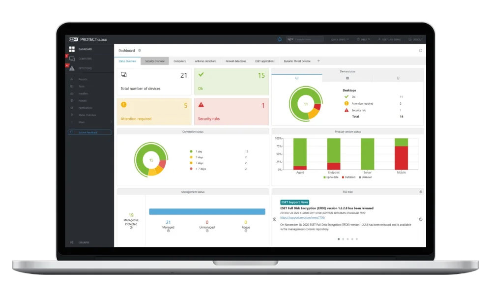 Panel de administración de mostrado en una laptop, con métricas de seguridad y gestión de dispositivos en tiempo real