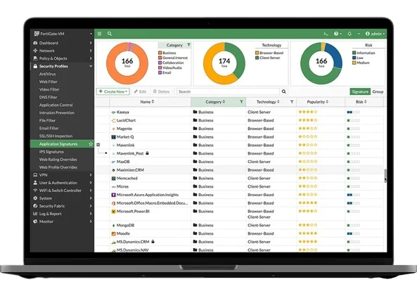 Interfaz Fortinet FortiOS en una laptop para administrar políticas y seguridad de firewall FortiGate.