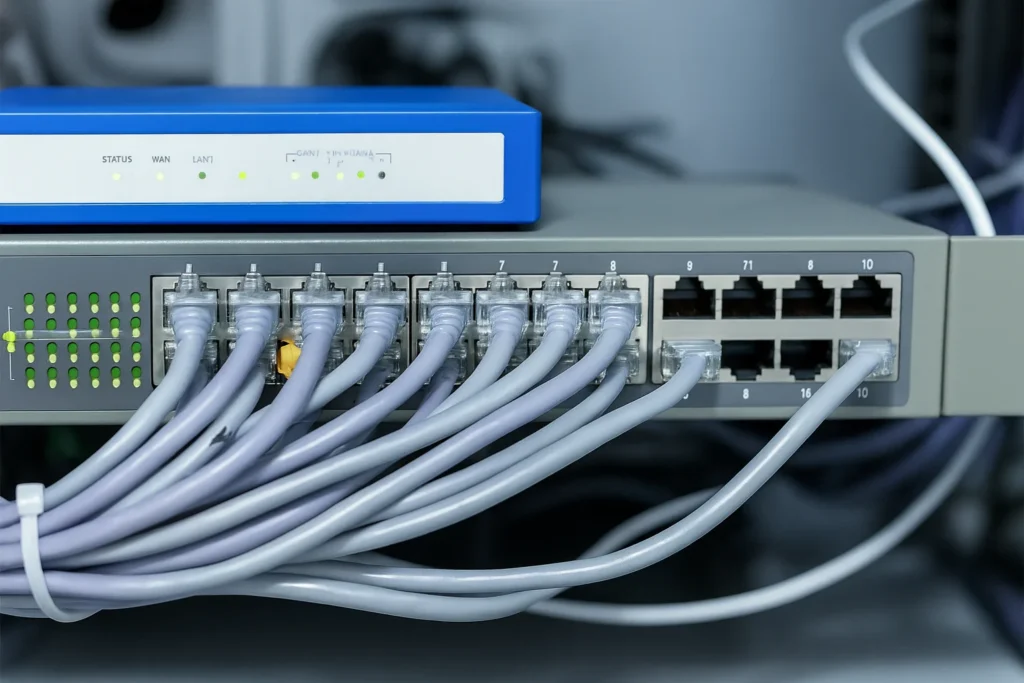 Ejemplo de Switch conectado con cables ethernet Fortinet