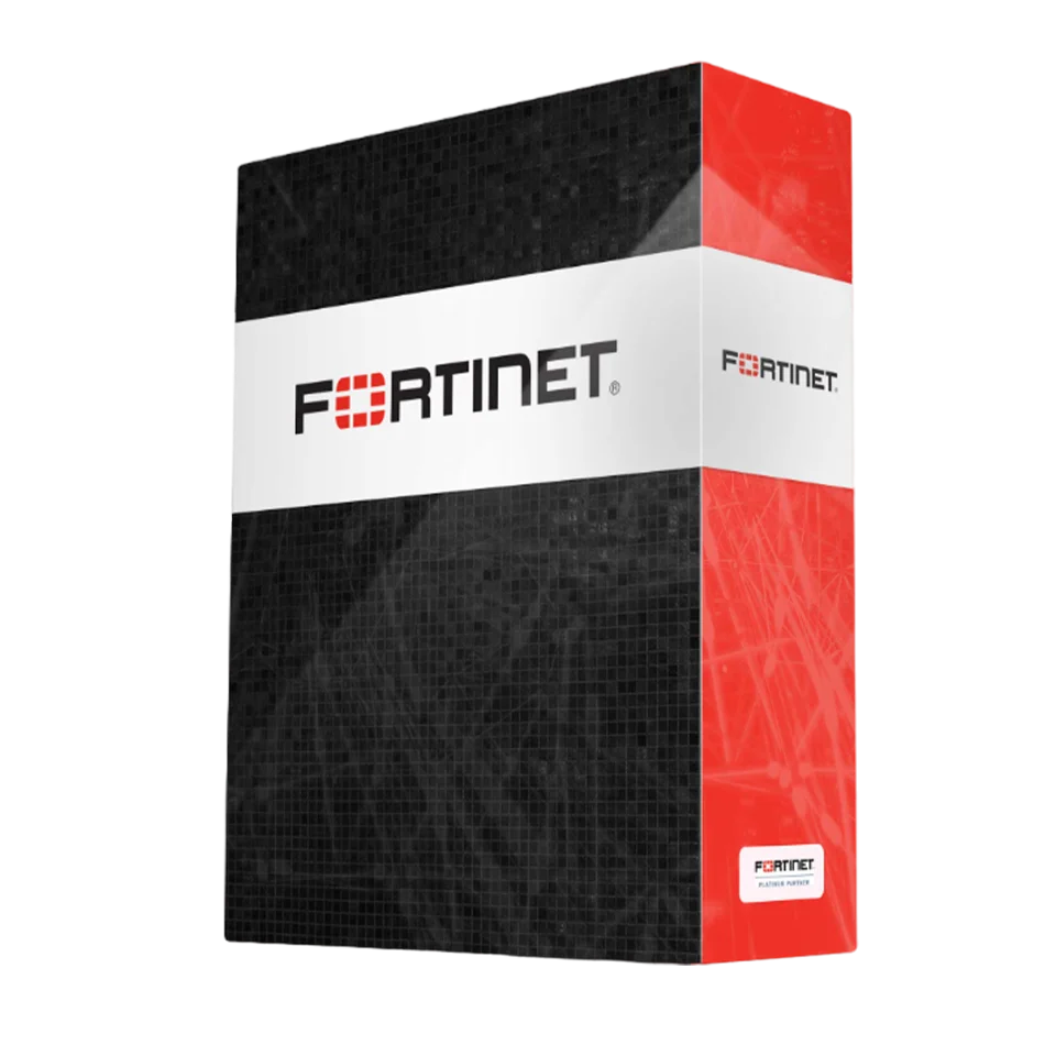 Empaque Fortinet ilustrativo para FortiClient, software de protección endpoint, VPN segura y control centralizado.